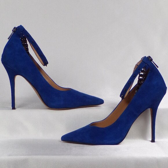 JESSICA SIMPSON 8M JS-WITNEE royal-blue suede ultra-high-heel point-toe pumps - Picture 1 of 16